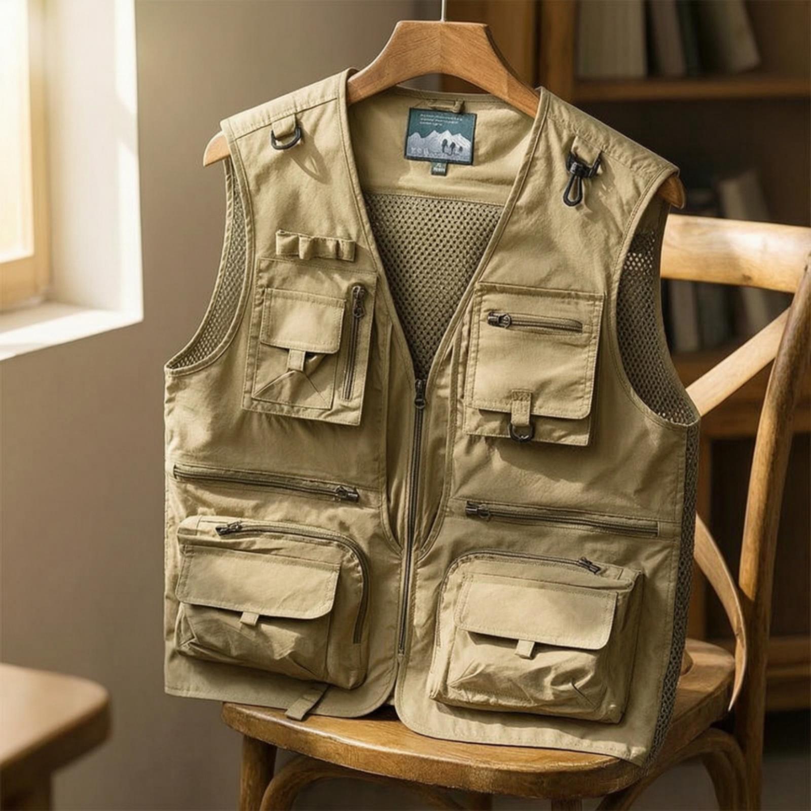 Outdoor Adventure Vest - メンズノースリーブユーティリティベスト ナイロンポリエステル製 速乾性 フィッシングベスト ジッパーポケット付き アウトドアアドベンチャー用